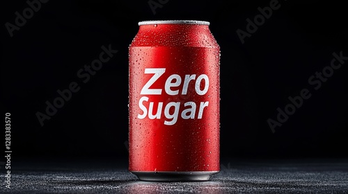 Red Beverage Can with Zero Sugar on Black Background with Dew Drops
