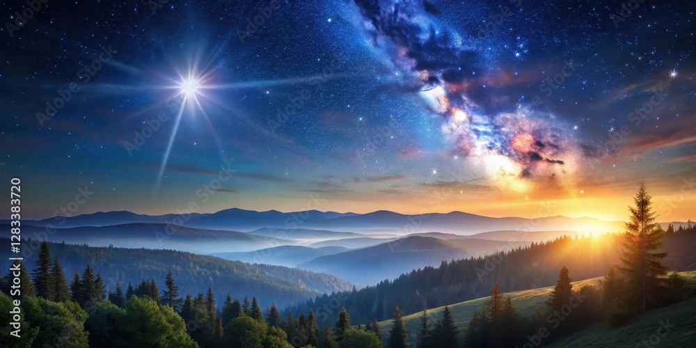 Naklejka premium Celestial canvas, North Star twinkling over rolling hills and serene forest landscape at dusk