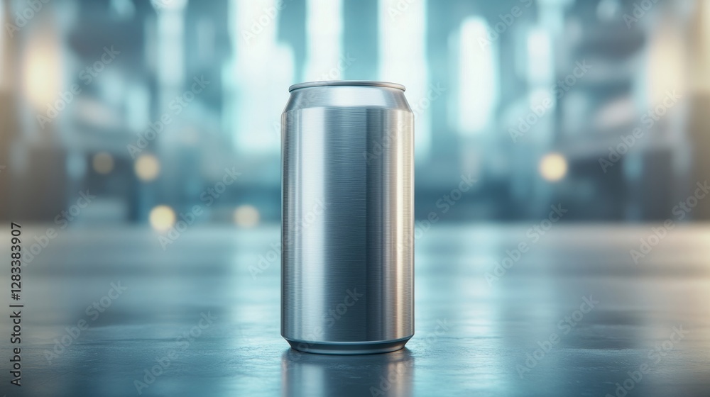 Steel Can on Table with Blurred Background in Modern Setting Steel Can on Table with Blurred Background in Modern Setting