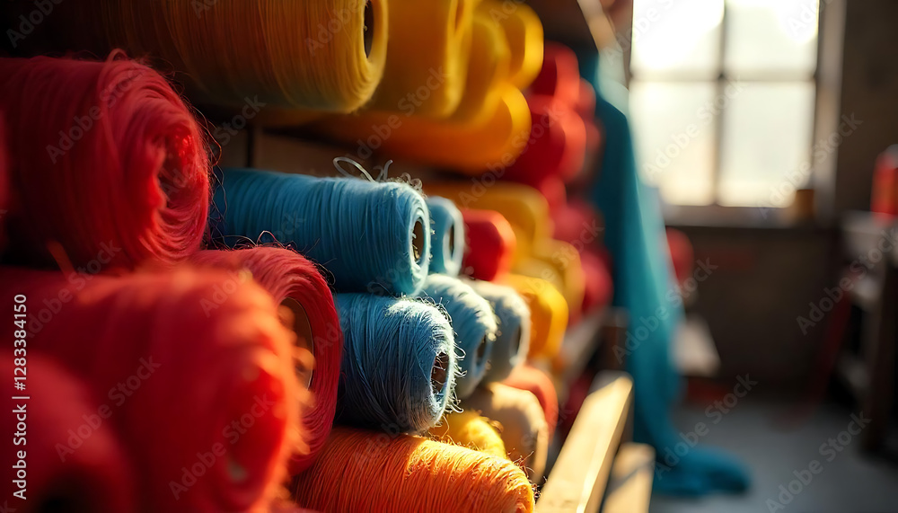 Obraz premium Various colored thread spools piled together. Collection of various bobbins, textile industry.