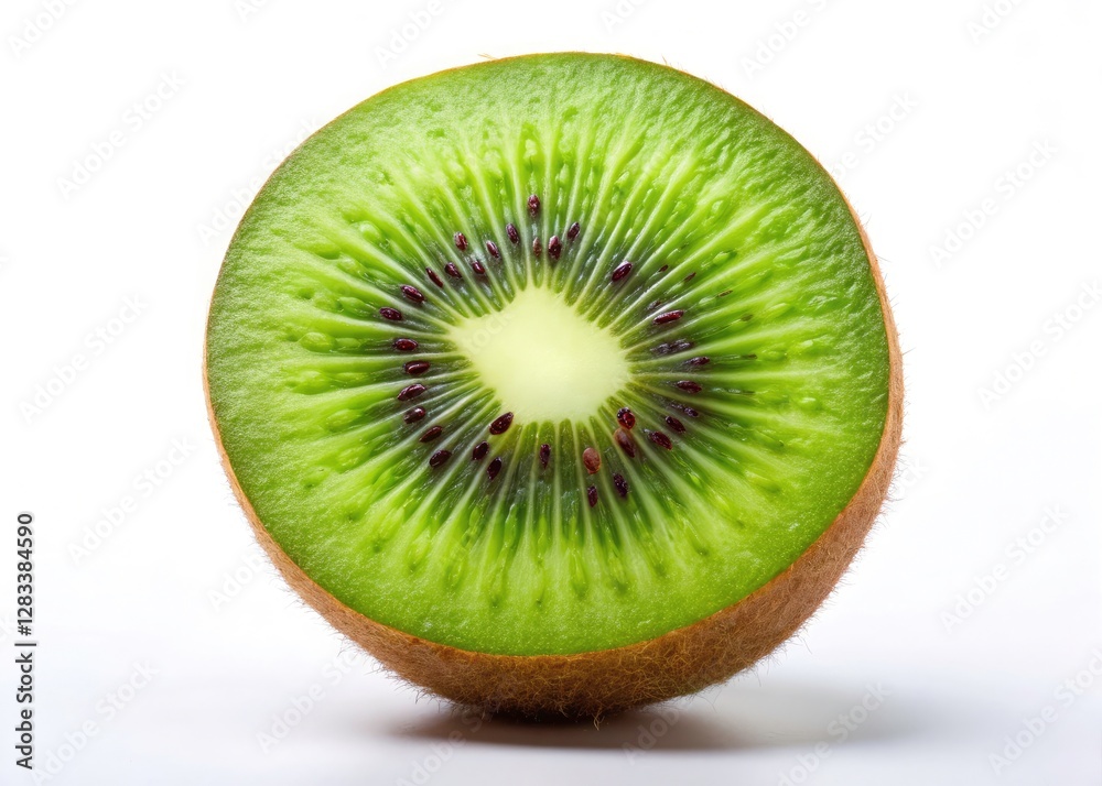 Sleek kiwi fruit still life; pristine white background highlights the fruit's stylish form. Sleek kiwi fruit still life; pristine white background highlights the fruit's stylish form.