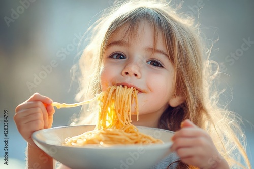 Little girl enjoying spaghetti bolognese at home during dinner