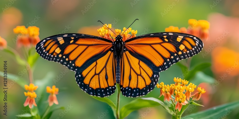 Fototapeta premium Monarch butterfly opening wings on blooming flower in summer garden