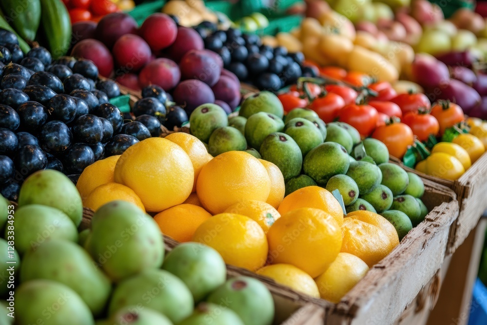 Vibrant display of assorted fruits at a local market during midday, showcasing a colorful variety of fresh produce. Generative AI Vibrant display of assorted fruits at a local market during midday, showcasing a colorful variety of fresh produce. Generative AI