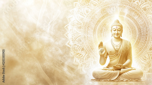 Banner with Jainism hand symbol & Mahavira image, White and gold banner background