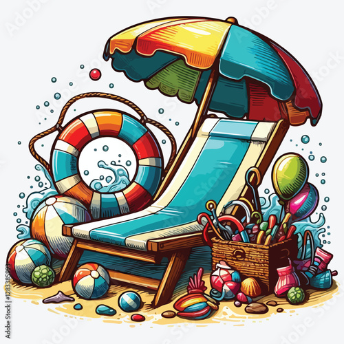 BEACH CHAISE LONGUE LIFEBUOY stock illustration
