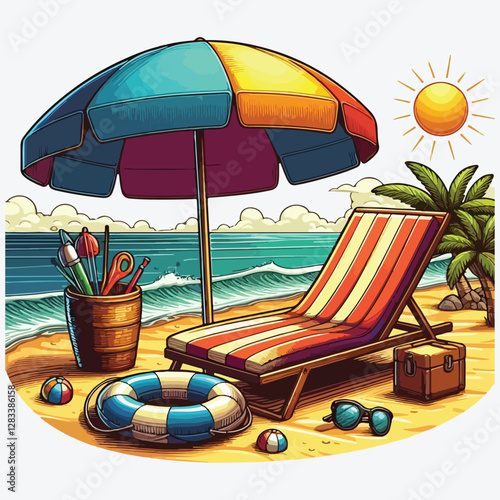 BEACH CHAISE LONGUE LIFEBUOY stock illustration