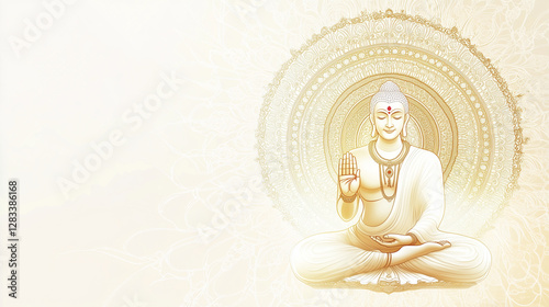 Banner with Jainism hand symbol & Mahavira image, White and gold banner background
