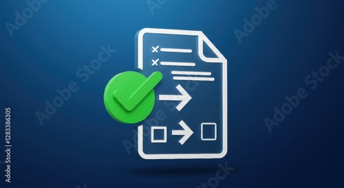 Document workflow approval with check mark icon, process completed task photo