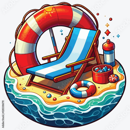BEACH CHAISE LONGUE LIFEBUOY stock illustration