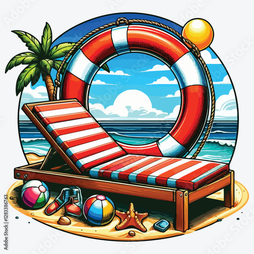 BEACH CHAISE LONGUE LIFEBUOY stock illustration