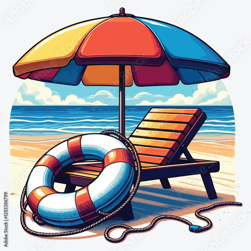 BEACH CHAISE LONGUE LIFEBUOY stock illustration