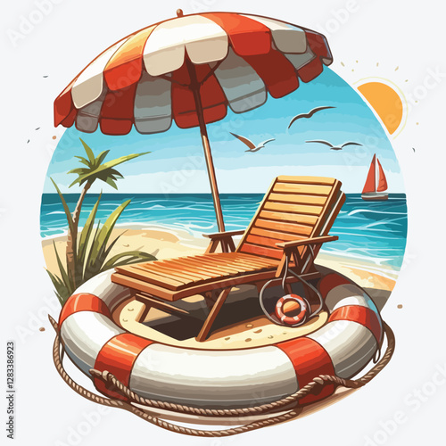 BEACH CHAISE LONGUE LIFEBUOY stock illustration