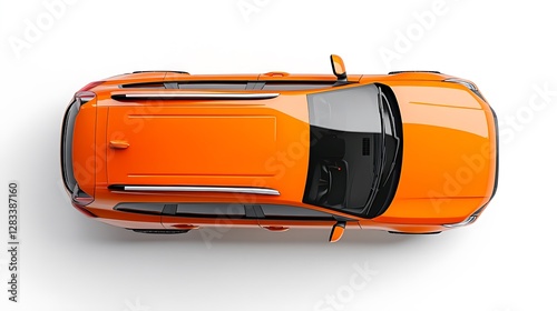 Top view of a orange SUV car on white background,


