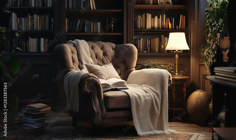 Fototapeta premium A cozy reading nook featuring a plush armchair and soft textiles invites relaxation and intellectual escape in an intimate setting.