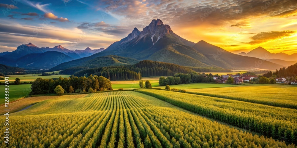 Fototapeta premium Sweeping aerial shot: Dobratsch Mountain's majesty unfolds over golden cornfields near Neuegg, Austria's Faaker See.