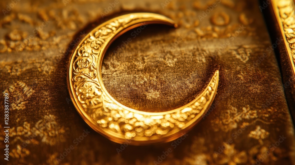 Ornate Golden Crescent Moon on Decorative Fabric Background Ornate Golden Crescent Moon on Decorative Fabric Background