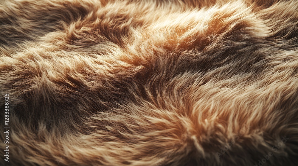 Naklejka premium A macro shot of plush fur material transitioning from ivory to chocolate brown, glowing softly under diffused warm light, visible intricate strands arranged in soft rippling waves,