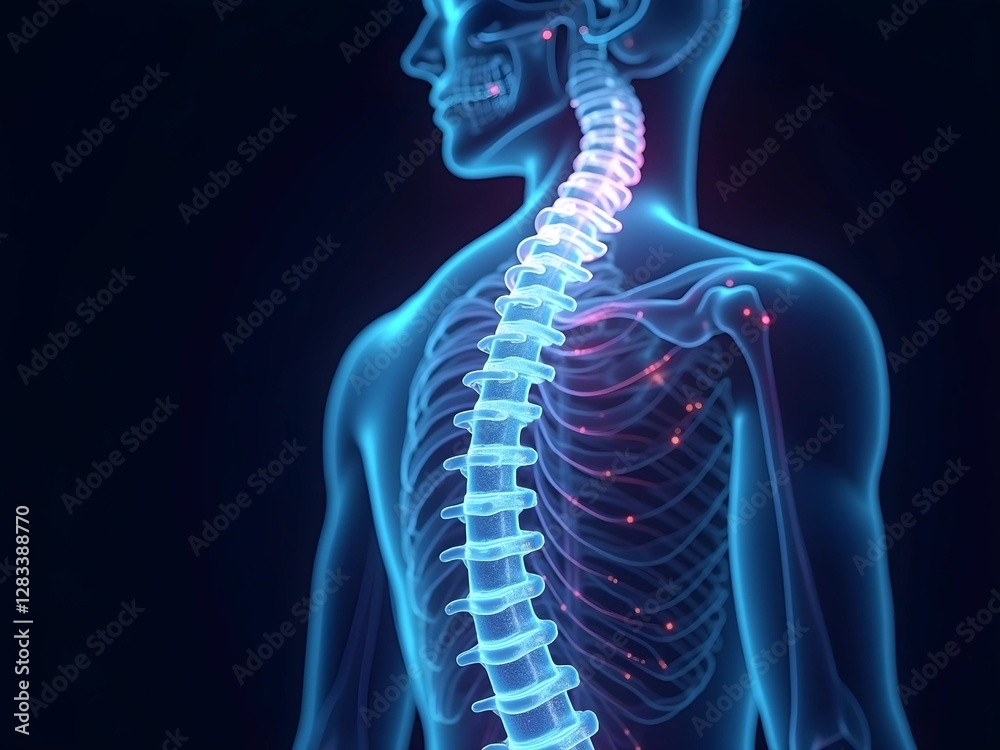 Futuristic 3D medical illustration of a human skeletal system with a glowing spine, highlighting spinal health, Perfect for healthcare, technology, medical and anatomy-related concepts Futuristic 3D medical illustration of a human skeletal system with a glowing spine, highlighting spinal health, Perfect for healthcare, technology, medical and anatomy-related concepts