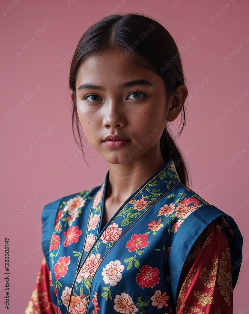 Indonesian female teen in a kebaya on close up portrait plain pink background Indonesian female teen in a kebaya on close up portrait plain pink background