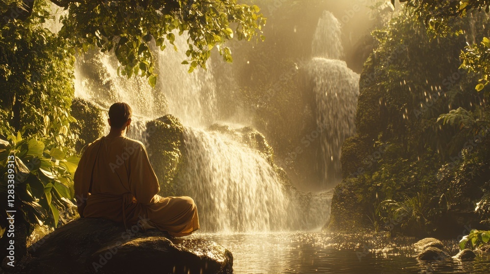 Serene Monk Meditating by Majestic Waterfall in Lush Tropical Nature Serene Monk Meditating by Majestic Waterfall in Lush Tropical Nature