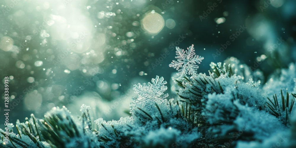 Snowflakes falling on pine tree branches in winter wonderland Snowflakes falling on pine tree branches in winter wonderland