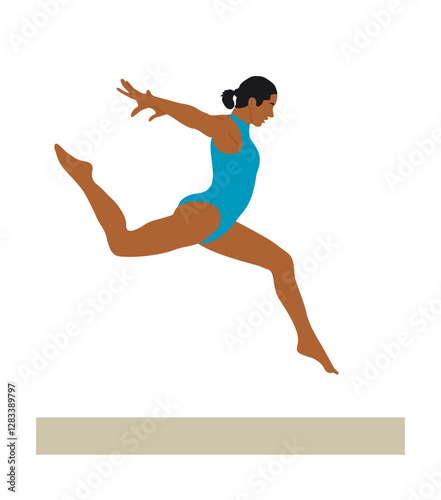 Girl gymnast doing exercise, jumping on balance beam. Performance of an artistic gymnast at the competition. Pretty young Sportswoman in a blue sports swimsuit. Vector illustration