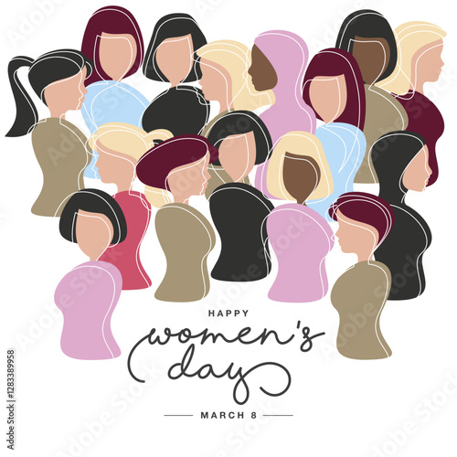 Women of different ethnicities standing together. International Women's Day March 8 handwritten calligraphy colorful greeting card. Simple drawing of female silhouettes