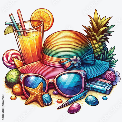 Funny flamingo characters on a beach stock illustration