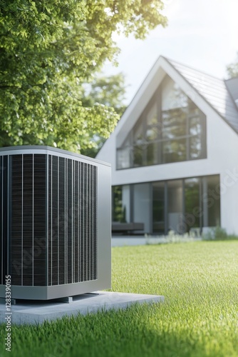 Air conditioning unit outside modern house with green lawn, residential cooling system installation, energy efficiency, home comfort, HVAC technology.