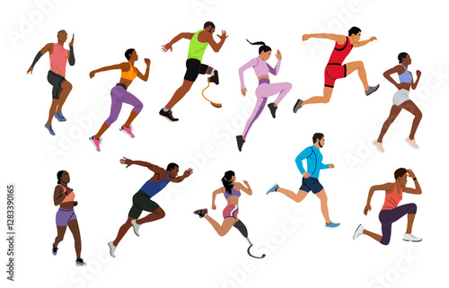 Runners set. Male and female athletes running. Healthy active lifestyle. Maraphon, Sprint, jogging, warming up. Sport, fitness design, flat style vector illustrations isolated