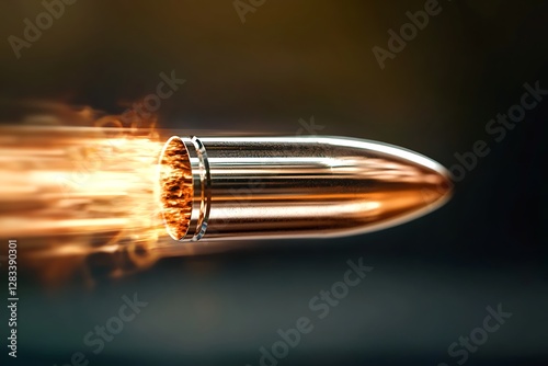Photorealistic macro shot of a flying bullet with rotation, smoke trail, and motion blur. High-speed photography effect.
