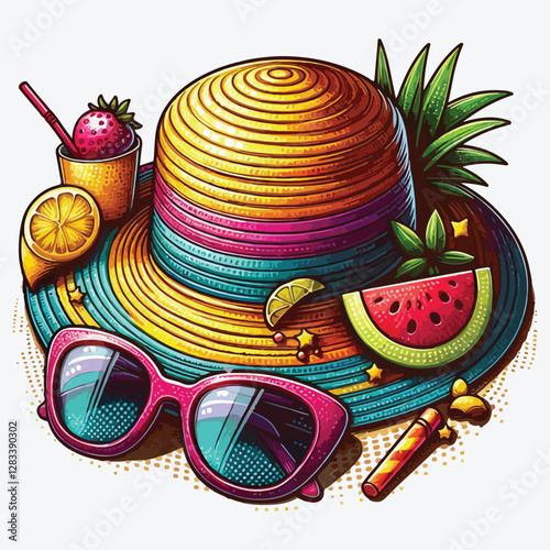 Funny flamingo characters on a beach stock illustration