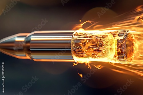 Photorealistic macro shot of a flying bullet with rotation, smoke trail, and motion blur. High-speed photography effect.