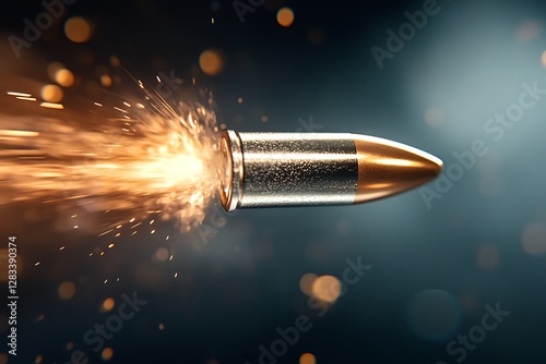 Photorealistic macro shot of a flying bullet with rotation, smoke trail, and motion blur. High-speed photography effect.