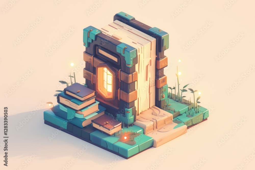 Obraz premium A small stylized open book is glowing with an illuminated door