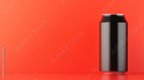 Black beverage can against vibrant red background for product display