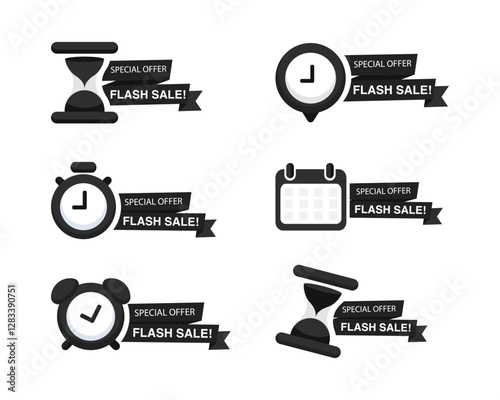 Flash sales shopping promotional labels vector set. Set of sale countdown badges. Sale timer banners. Last day, last hour and last minute offer.