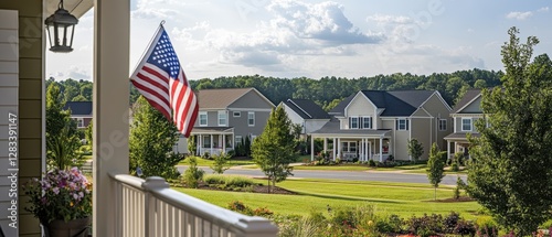 American flag waving in front of residential neighborhood with houses and green lawns under blue sky sunny day peaceful suburban living community.