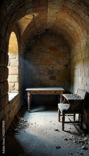 Dimly lit room with worn stone walls and dusty, old furniture, musty, wood, darkness