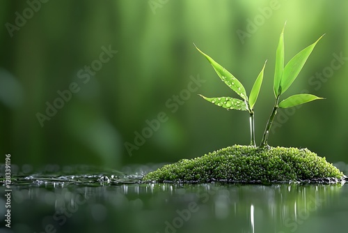 Fresh green bamboo and leaves on moss by a waterhole, with a blurred green background. photo