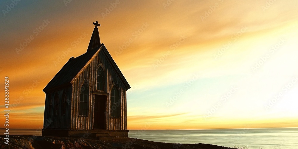 scenic sunset over rustic church by the ocean scenic sunset over rustic church by the ocean