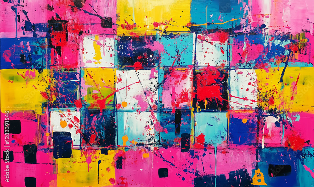 Modern Abstract Square Pattern Featuring Dynamic Splashes Of Bright Color Creating Energetic Geometric Visual Impact Modern Abstract Square Pattern Featuring Dynamic Splashes Of Bright Color Creating Energetic Geometric Visual Impact