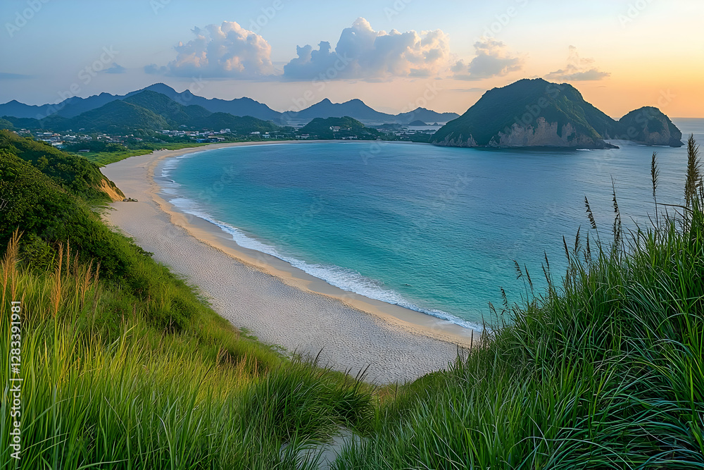 Fototapeta premium Picturesque Tropical Beach with Azure Waters and Lush Green Hills at Sunset