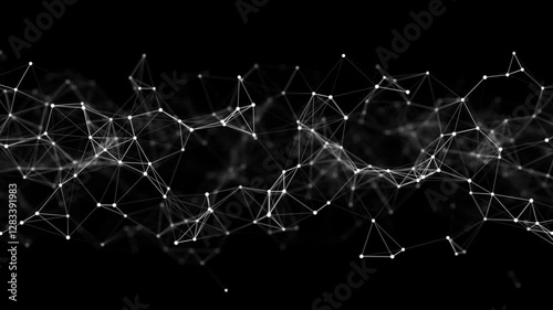 Abstract network of moving glowing dots and lines. Network or digital connection. Technology background. 3d rendering. 4K. Seamless loop.