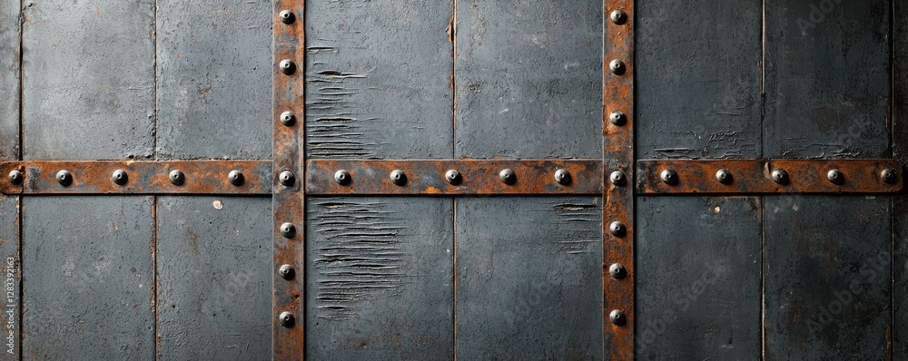 Fototapeta premium A textured, dark metal panel with rivets and wooden elements, showcasing an industrial or medieval aesthetic.