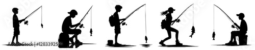 An isolated black vector silhouette of a teenager fishing, shown with a fishing rod against a plain white background.