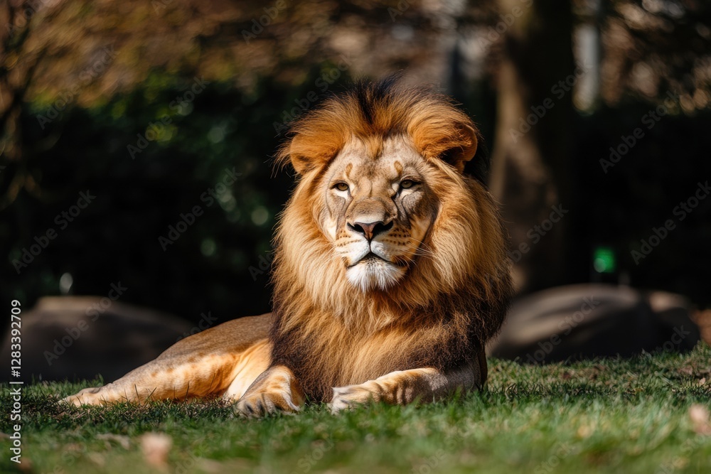 Fototapeta premium Majestic lion resting on green grass in a tranquil outdoor setting during daylight hours. Generative AI