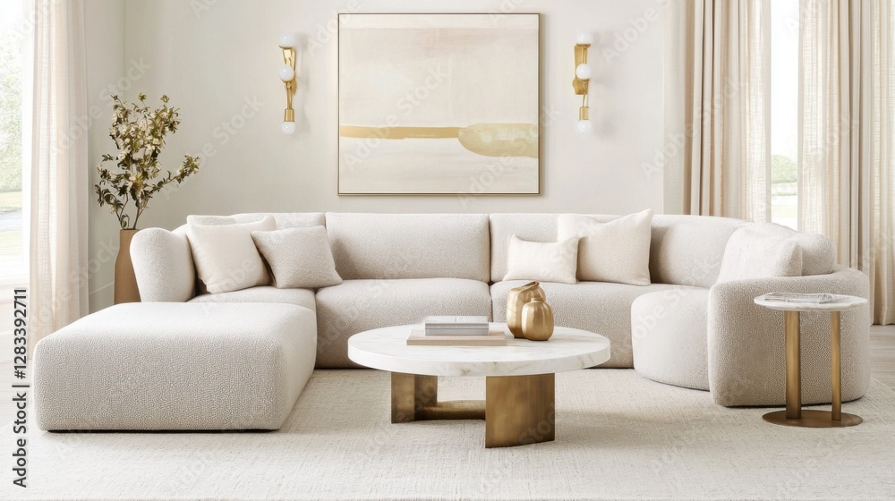 Eclectic modern living room featuring a modular boucle sectional in warm sand and taupe, a round white marble coffee table, soft beige linen curtains Eclectic modern living room featuring a modular boucle sectional in warm sand and taupe, a round white marble coffee table, soft beige linen curtains