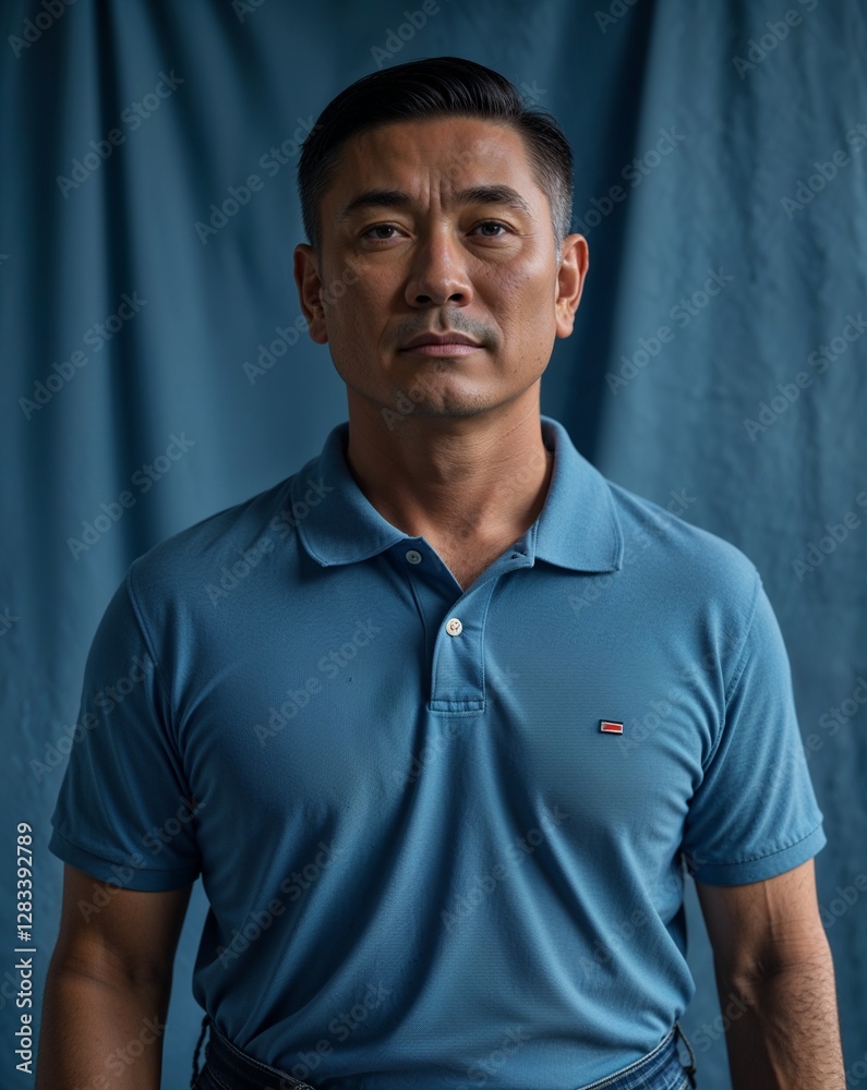 Singaporean male middle aged in casual polo and jeans on close up portrait plain denim blue background Singaporean male middle aged in casual polo and jeans on close up portrait plain denim blue background